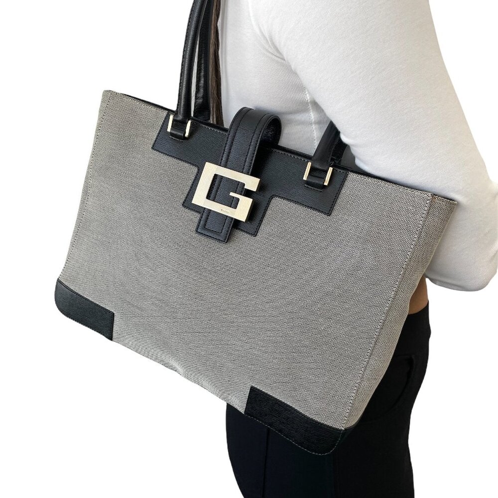 GUCCI Vintage G Square Logo Shoulder Bag Gray Black Cotton Leather [103945]